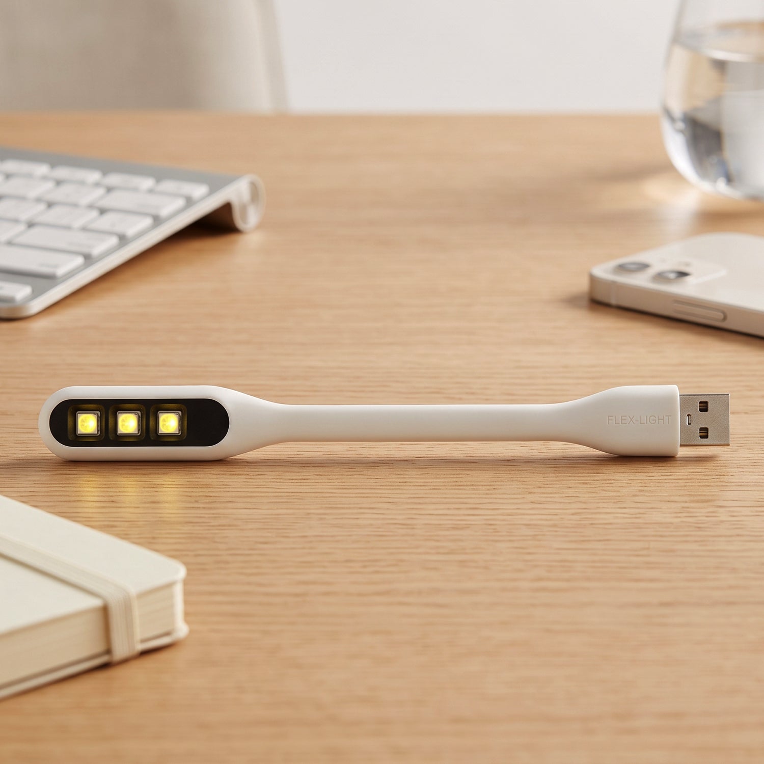 A white flexible USB LED light with three yellow LED bulbs sits on a light wooden desk next to a notebook and phone.