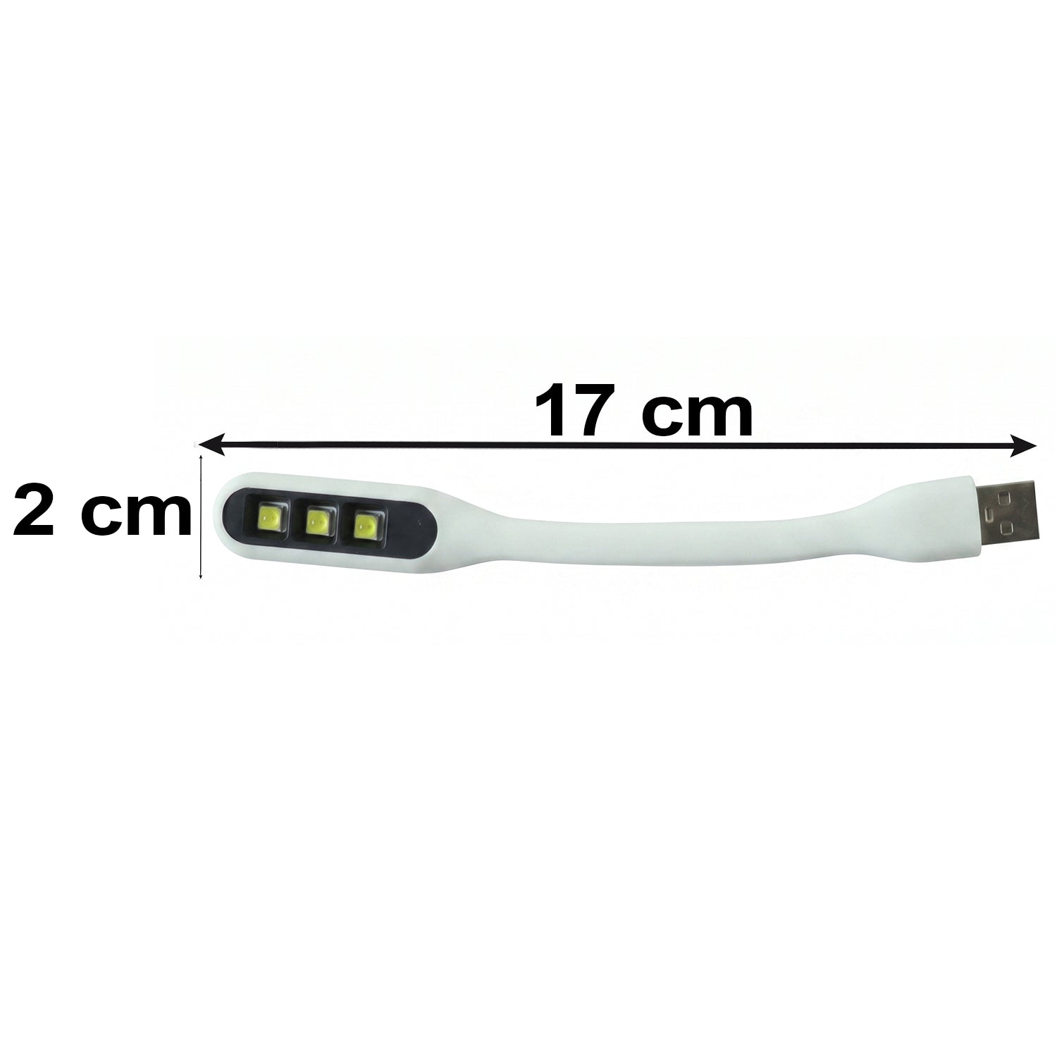 A white flexible USB LED light with three yellow LED bulbs and a USB-A connector, showing dimensions of 17 cm by 2 cm.
