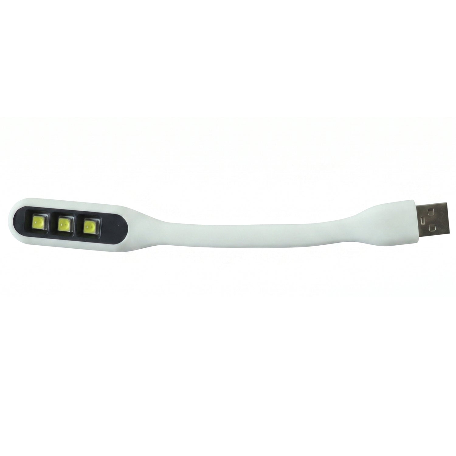 A white flexible USB LED light with three yellow LED bulbs and a USB-A connector on a white background.