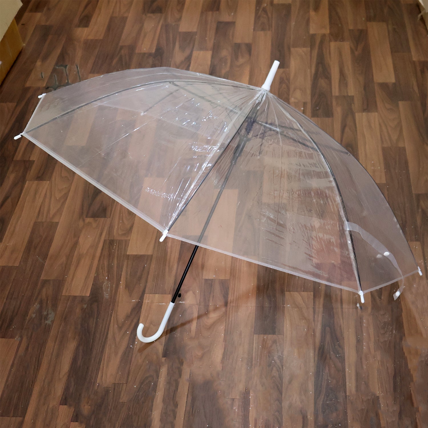Folded transparent umbrella with curved handle