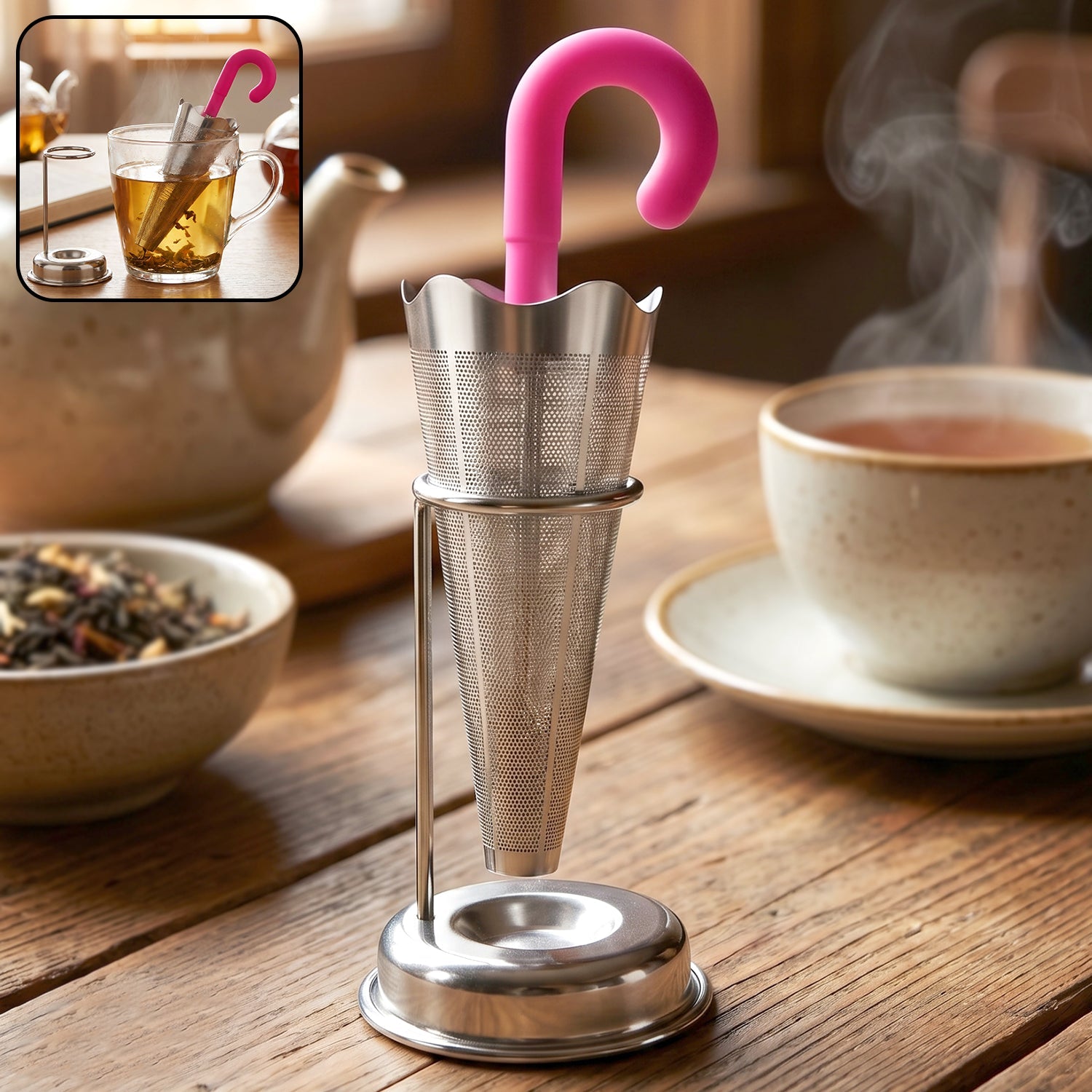 Stainless Steel Umbrella Tea Strainer with Stand Drip Tray