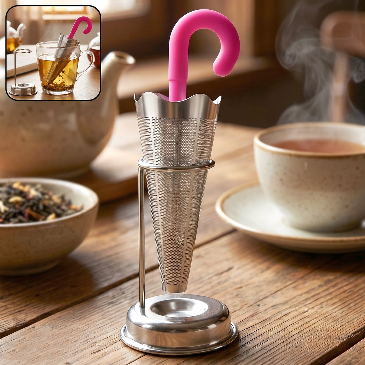 Stainless Steel Umbrella Tea Strainer with Stand Drip Tray