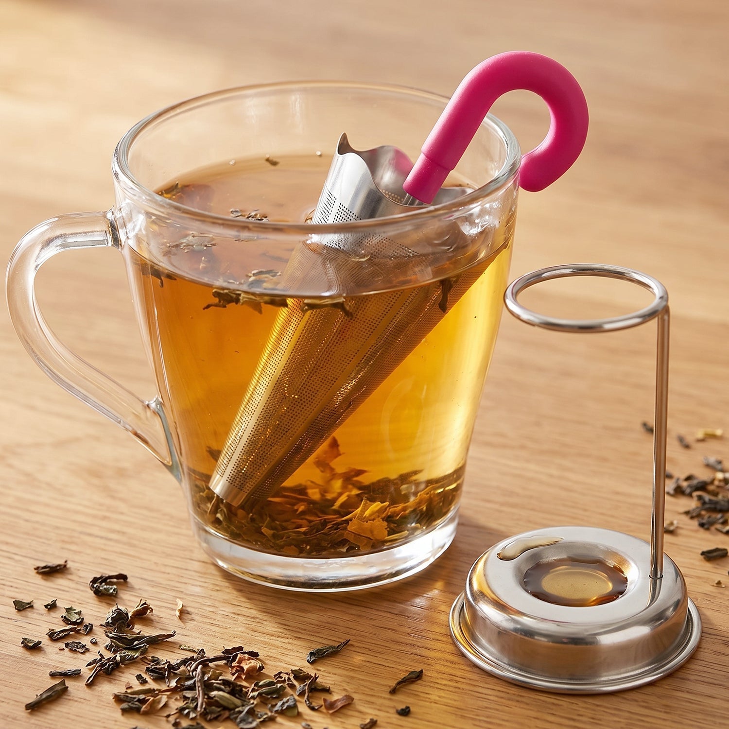 Tea Strainer hanging on cup with loose leaf tea