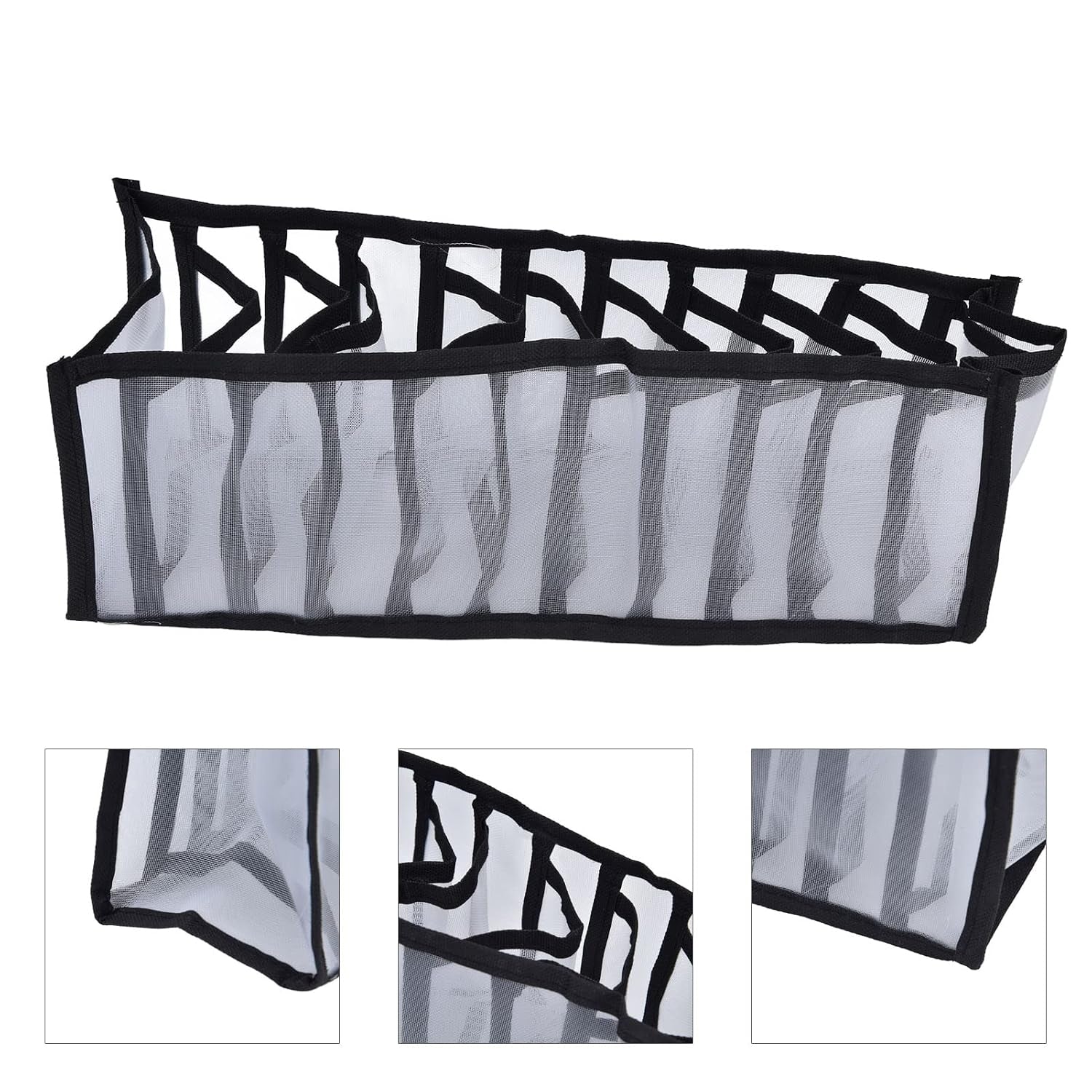 A white and black mesh fabric organizer is shown unfolded, with three close-up insets highlighting its construction details.