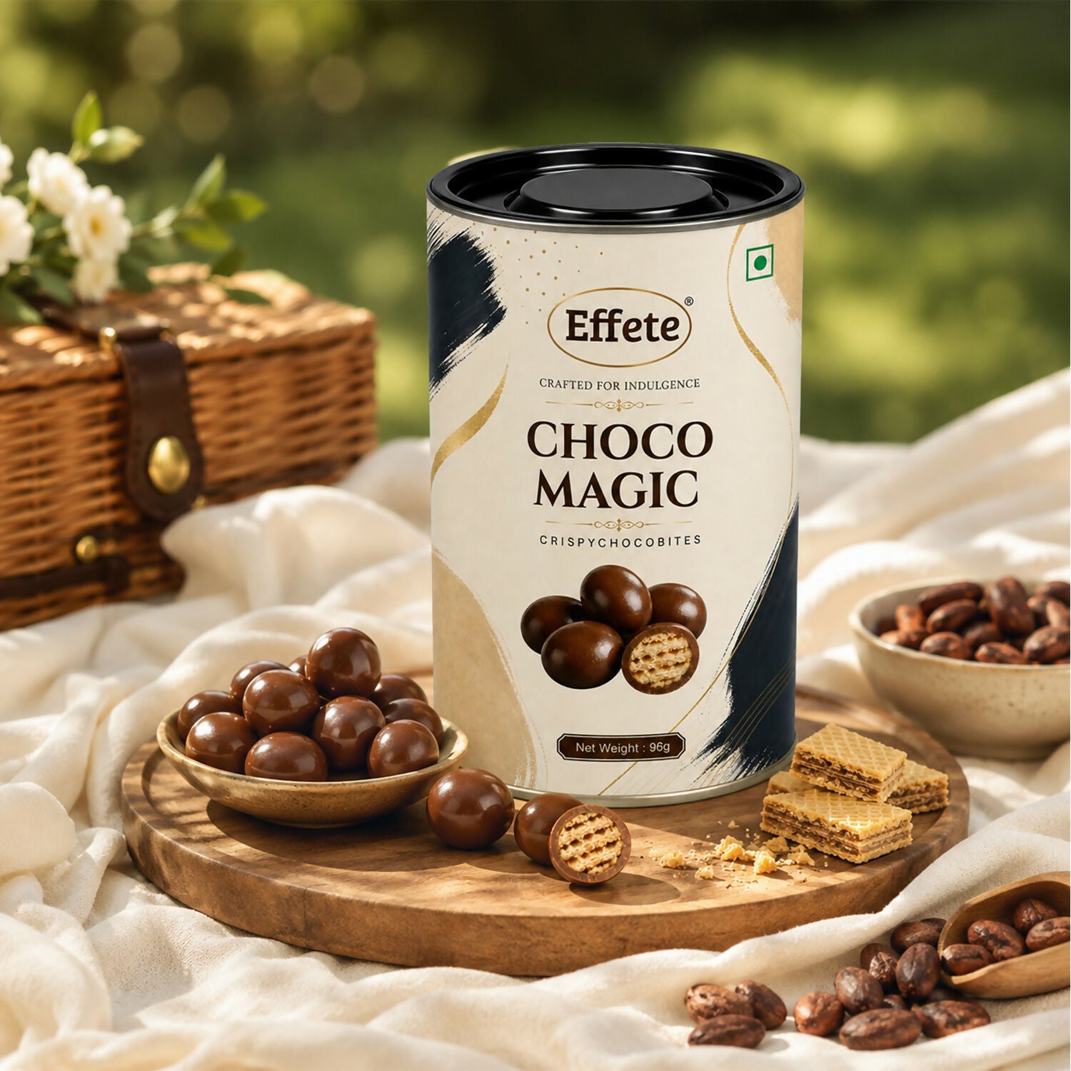 The Choco Magic tin is on a wooden board with a bowl of chocolate bites and wafer cookies, set on a white blanket outdoors.