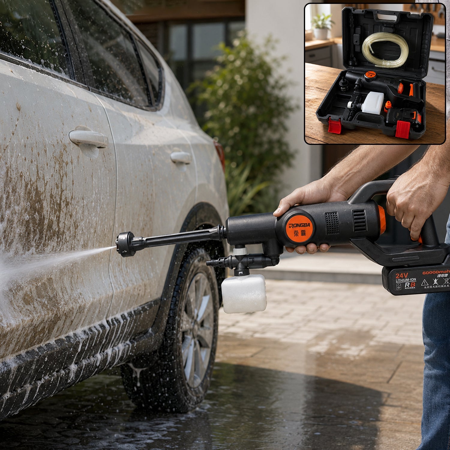 High pressure cordless car washer with hose and foam bottle