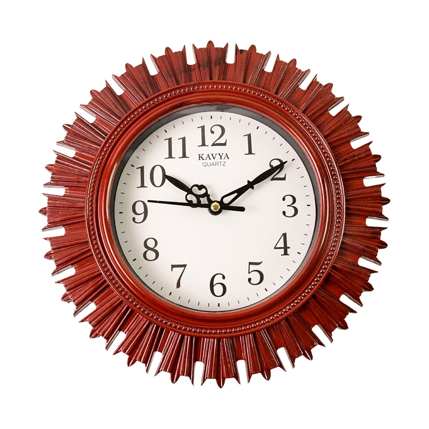 Front view of battery operated wooden look wall clock