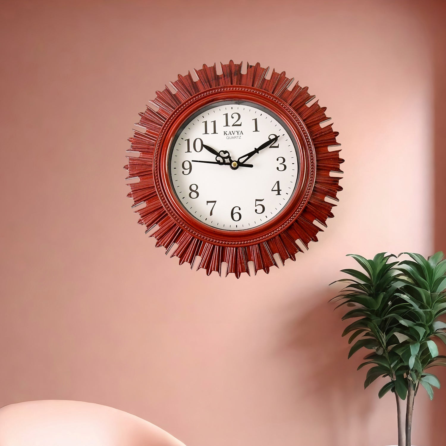 Wooden look round clock on wall showing time
