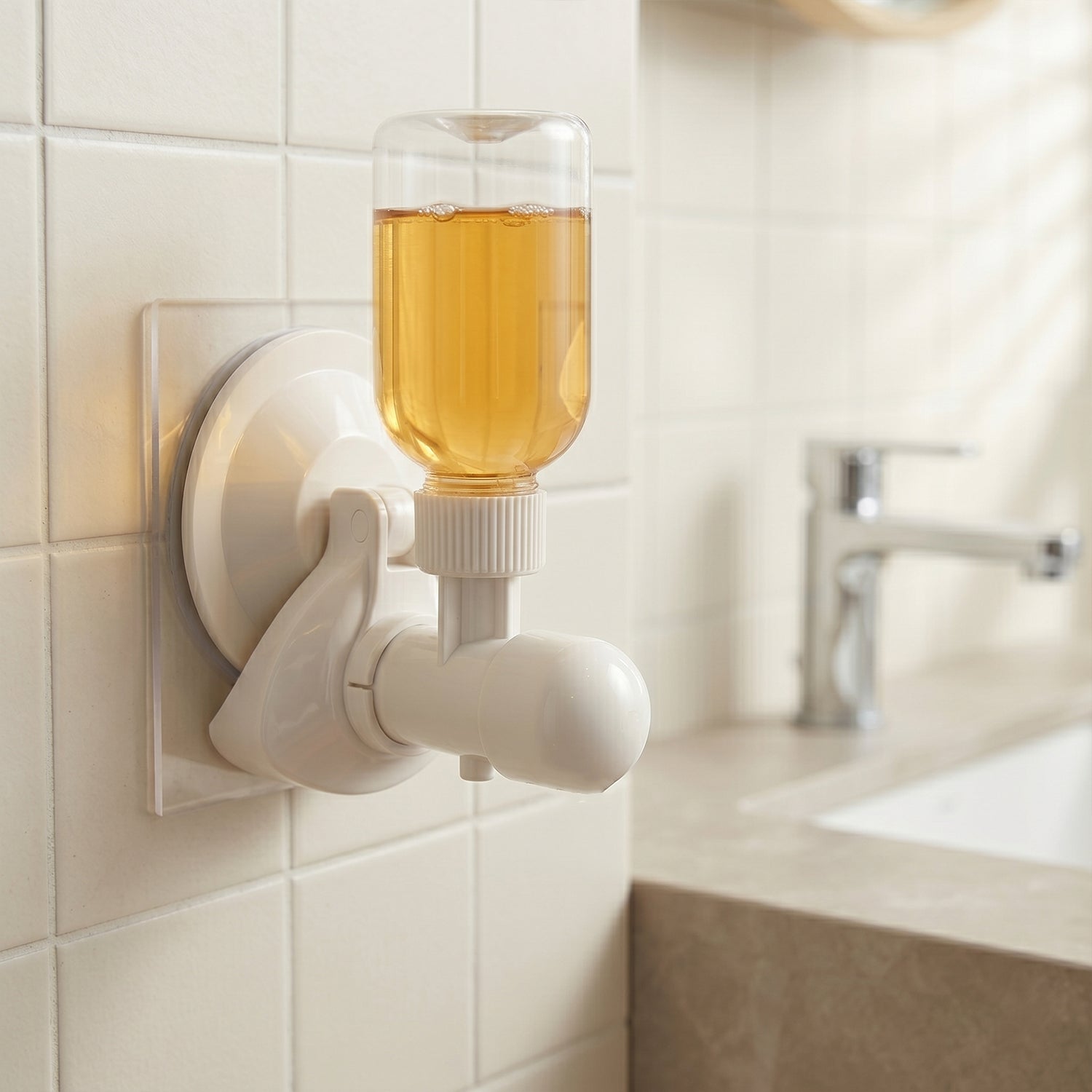 Side view of wall-mount liquid soap dispenser with suction cup