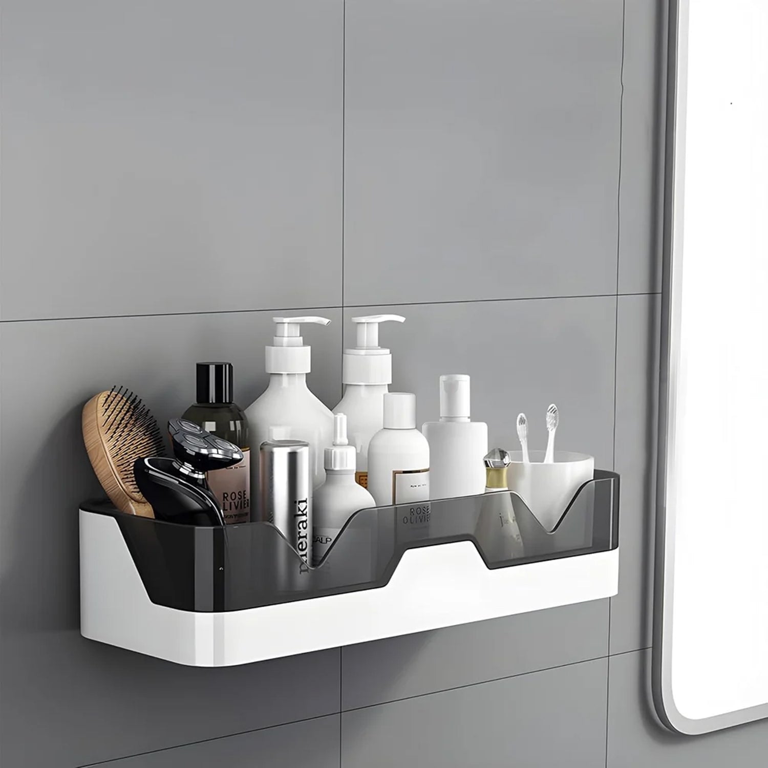 Mounted plastic storage shelf overview on wall