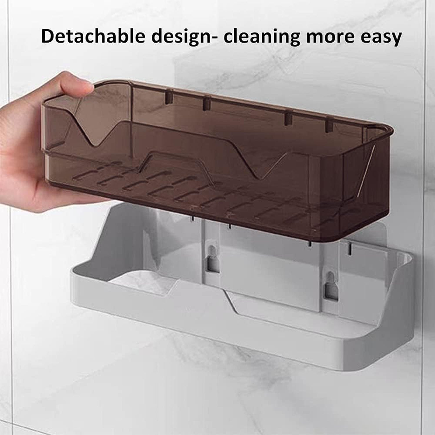 Adhesive mounted storage shelf in use with items