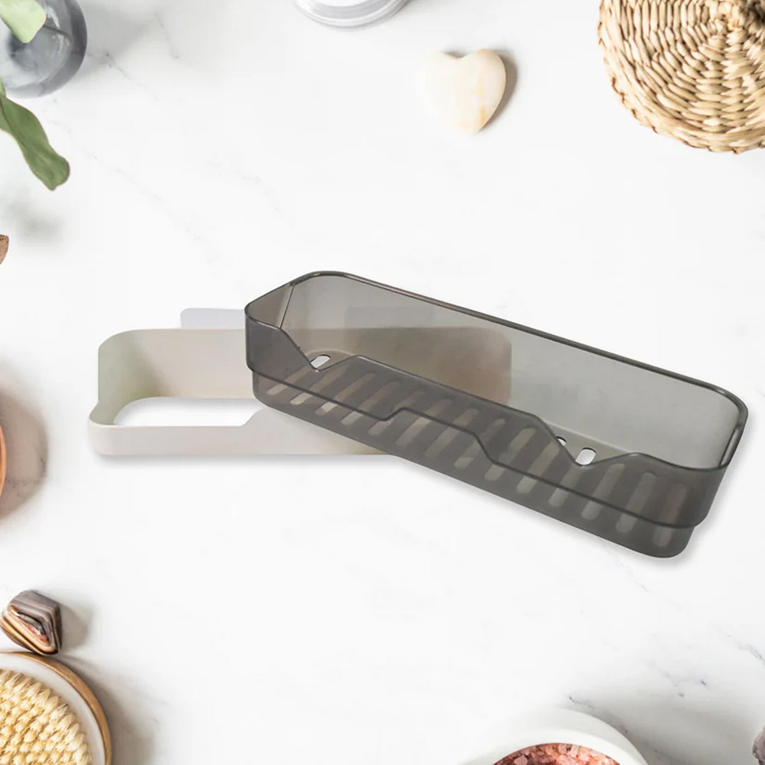 Wall mounted plastic storage shelf detail
