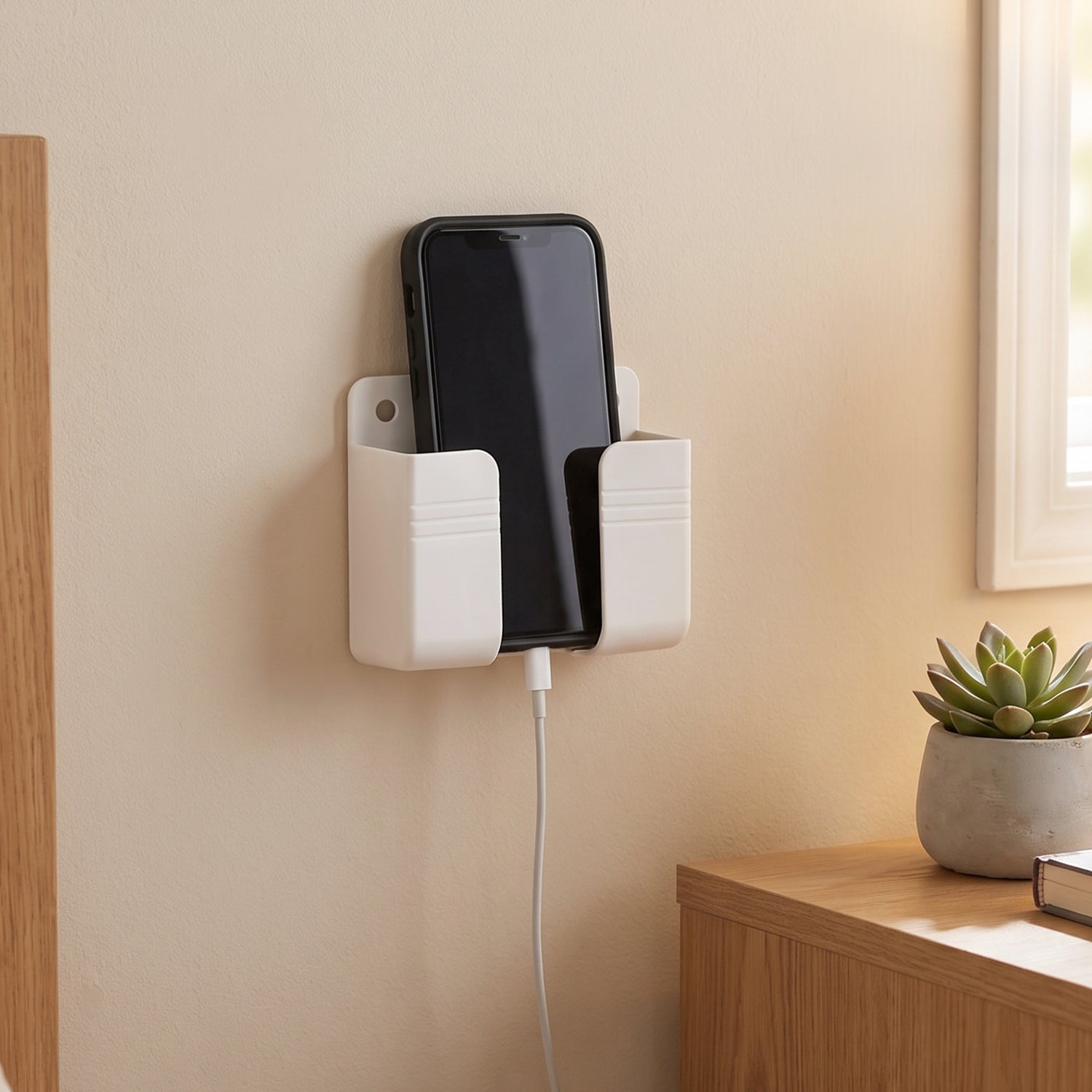 Self Adhesive Wall Mounted Mobile Phone Holder Stand with Charging Slot (1 Pc)