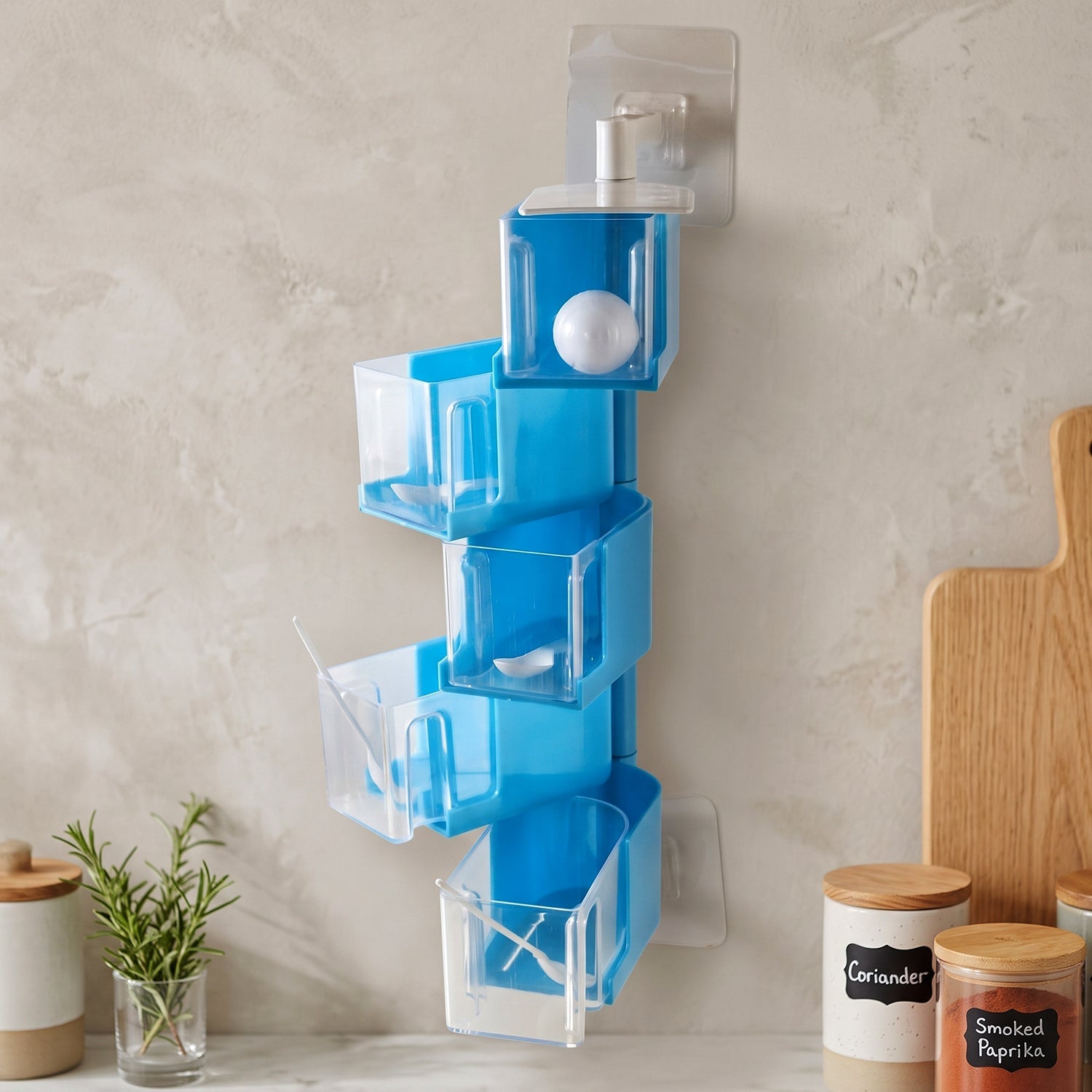 Spice rack mounted on a kitchen wall