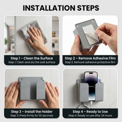 Close-up of wall-mounted holder with remotes and phone in place