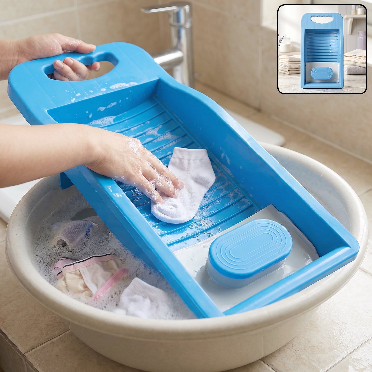 Portable plastic mini washing board with soap holder for socks