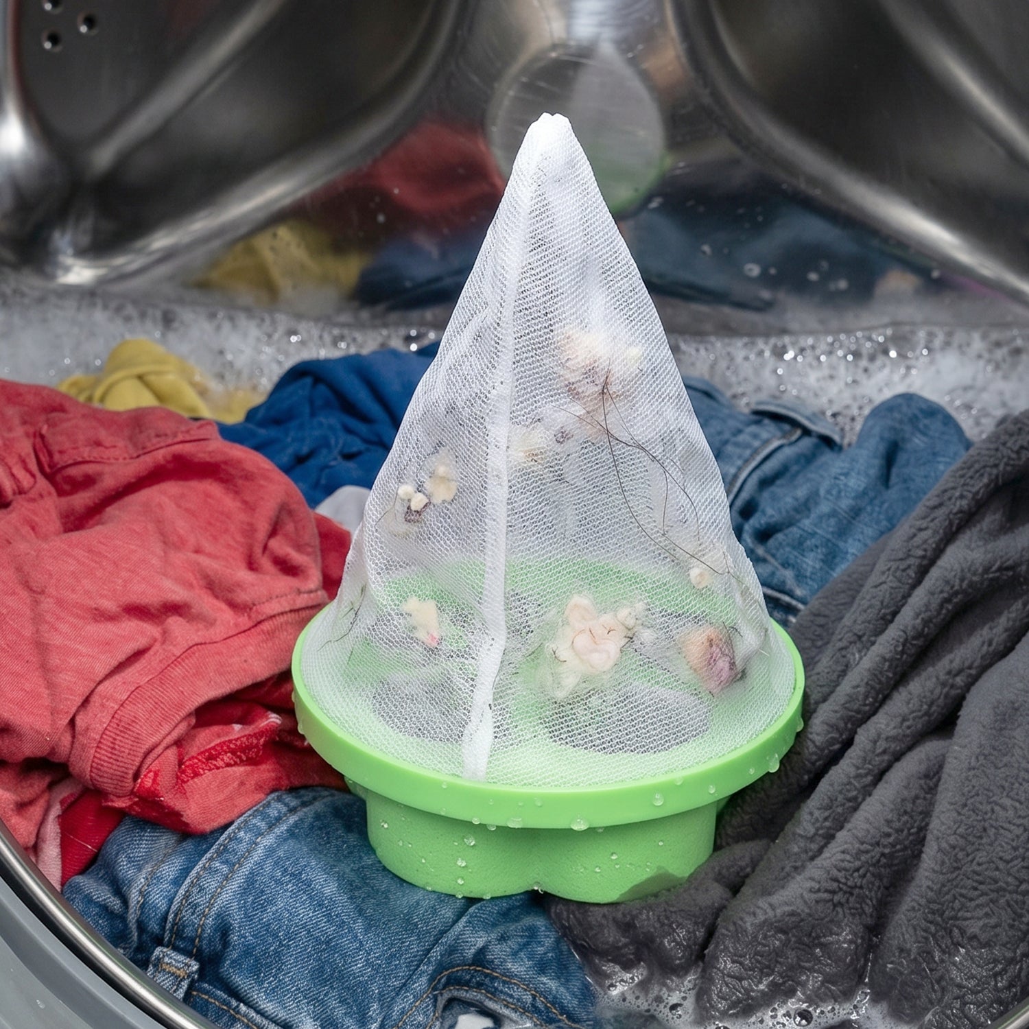 Floating mesh laundry filter that traps pet hair and lint while washing