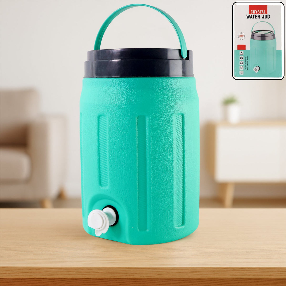 Insulated 5.5L water jug with sturdy handle and colorful design