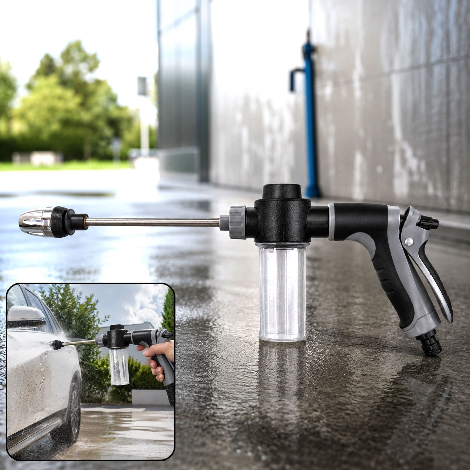High pressure water spray gun with foam dispenser for car and garden cleaning