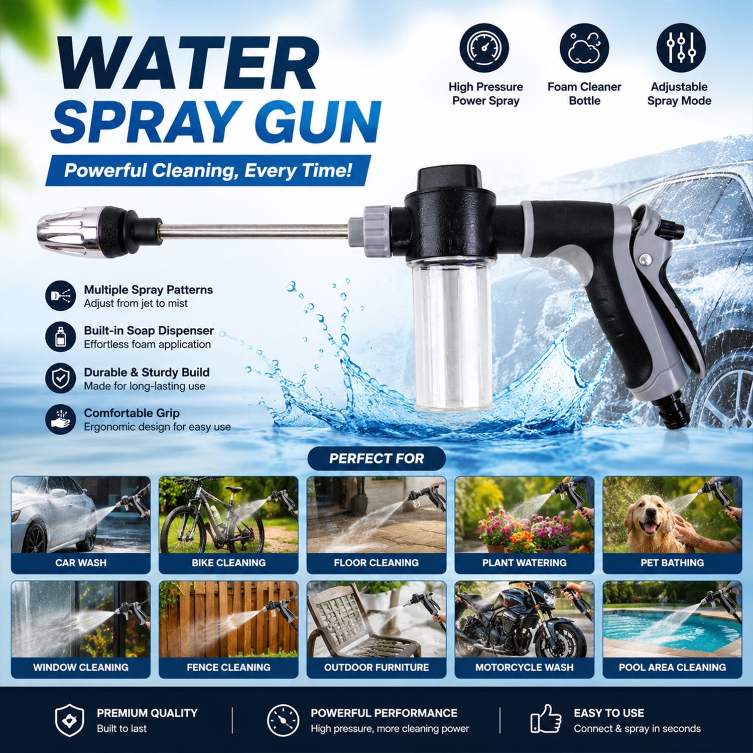 Heavy-duty pressure water gun with foam bottle for outdoor use