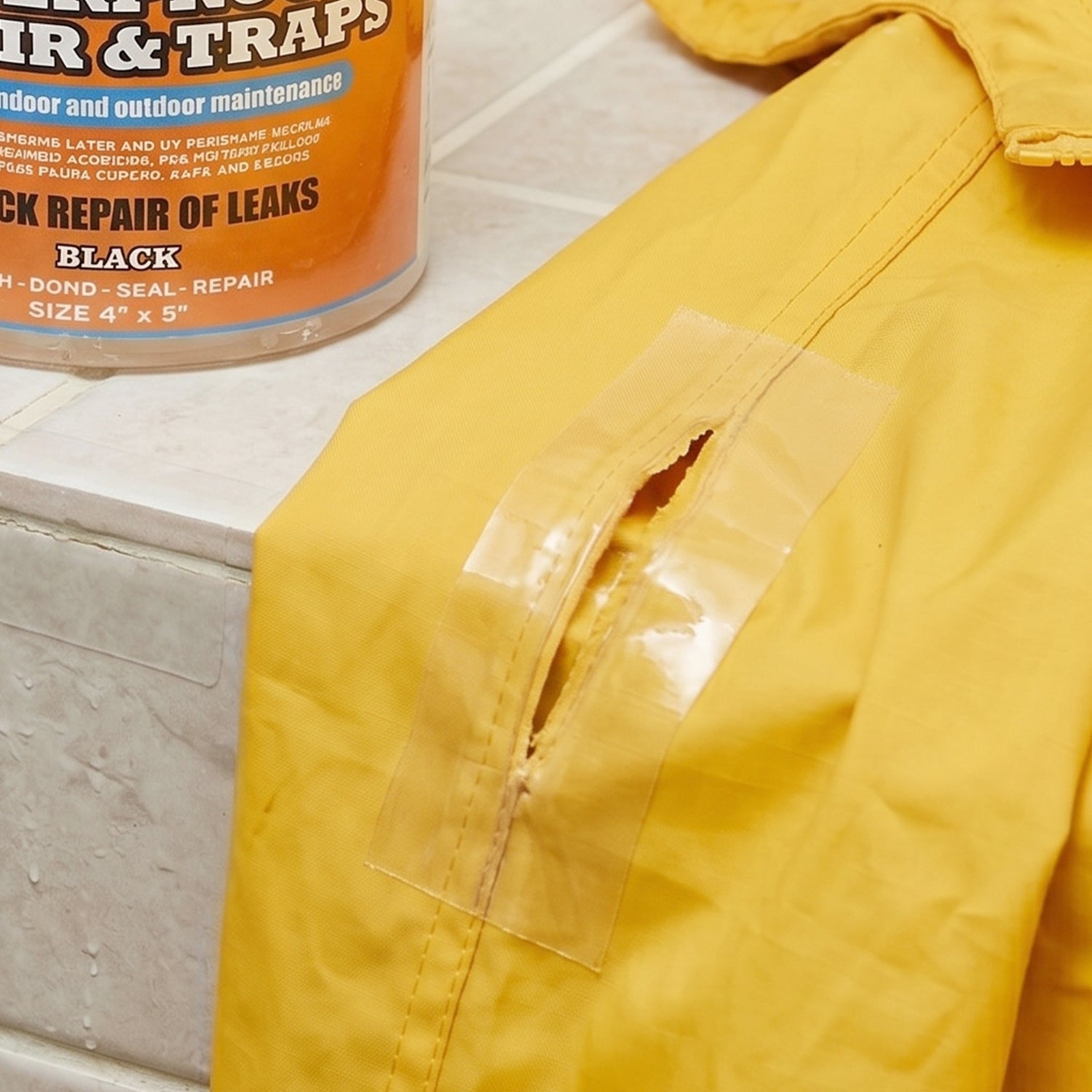 Tape applied on an outdoor roof to seal leaks from weather exposure.
