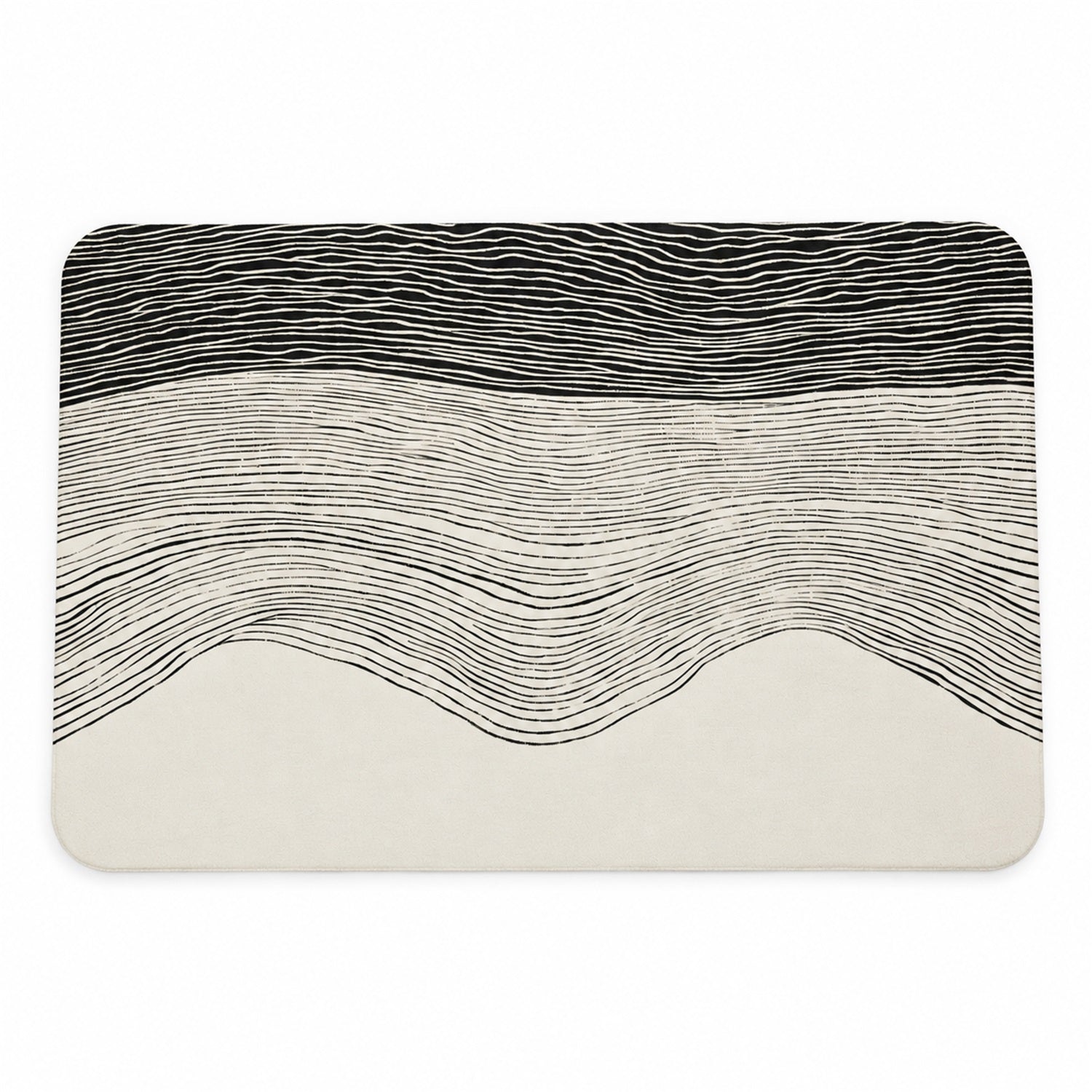 A rectangular mat with rounded corners displays a black and white abstract wavy line pattern.