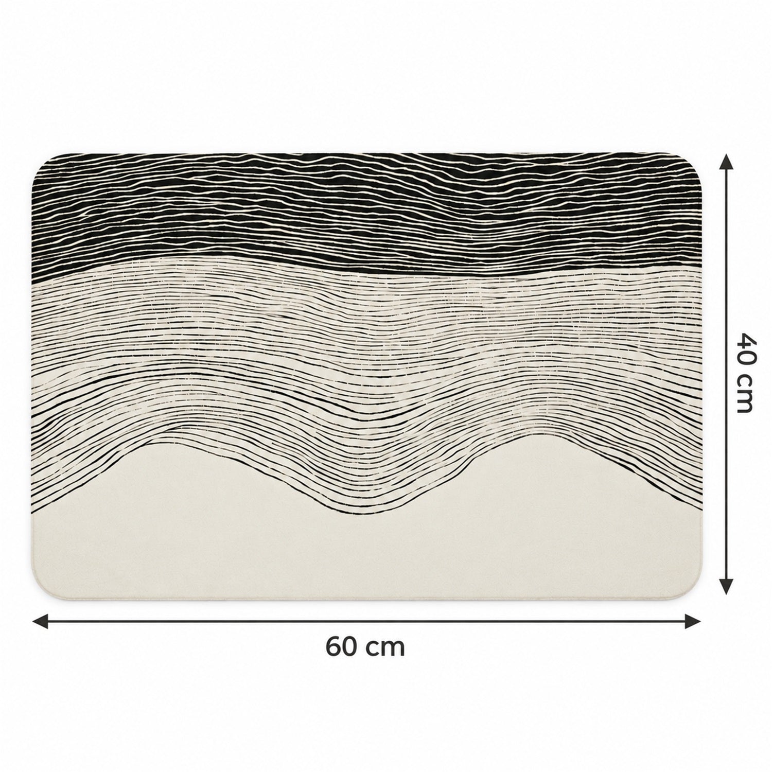 A rectangular mat with a black and white wavy pattern is shown with dimensions of 60 cm by 40 cm.