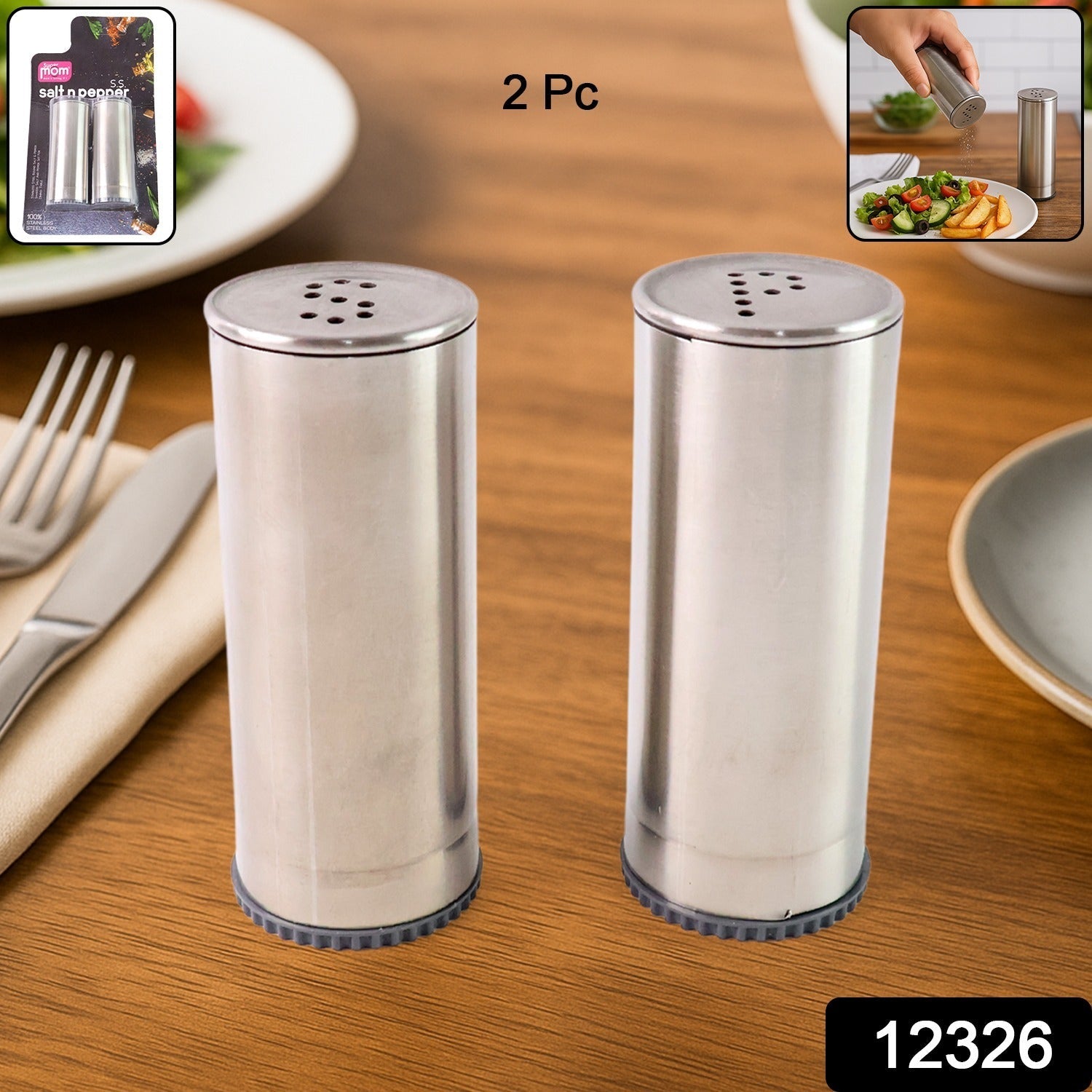Classic stainless steel salt and pepper shakers on table