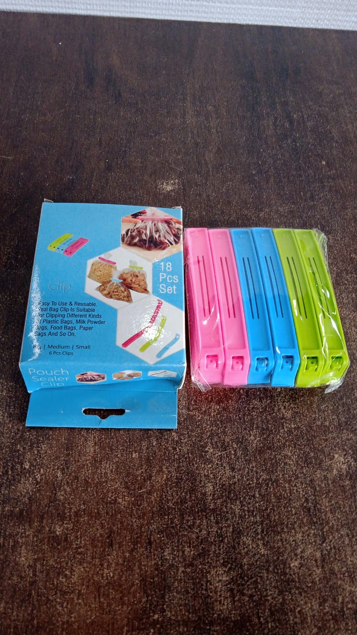 Plastic clips sealing different sized food bags