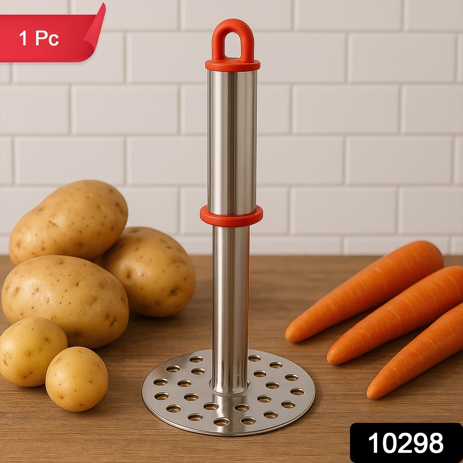 Potato masher mashing cooked potatoes in a bowl