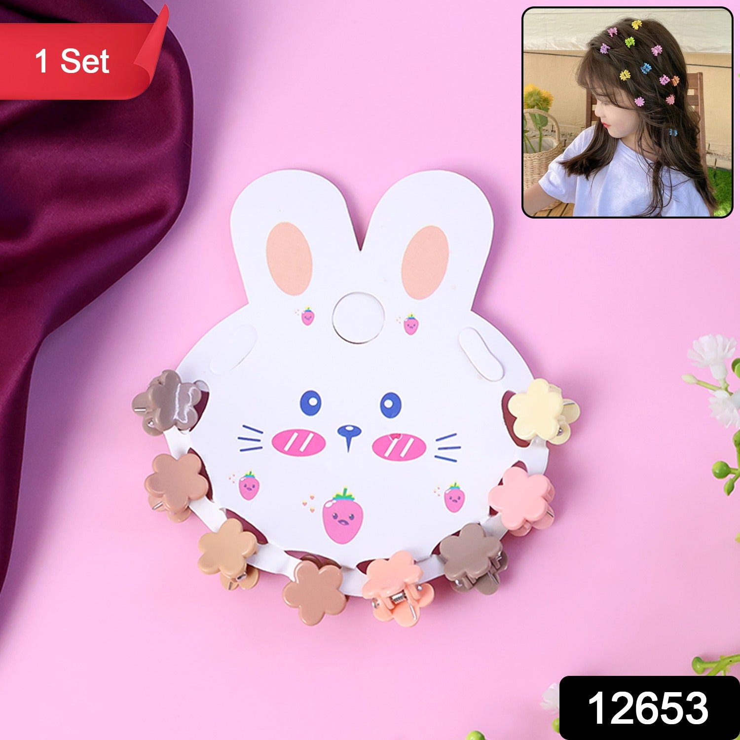 Mini hair claw clips displayed on bunny-themed card