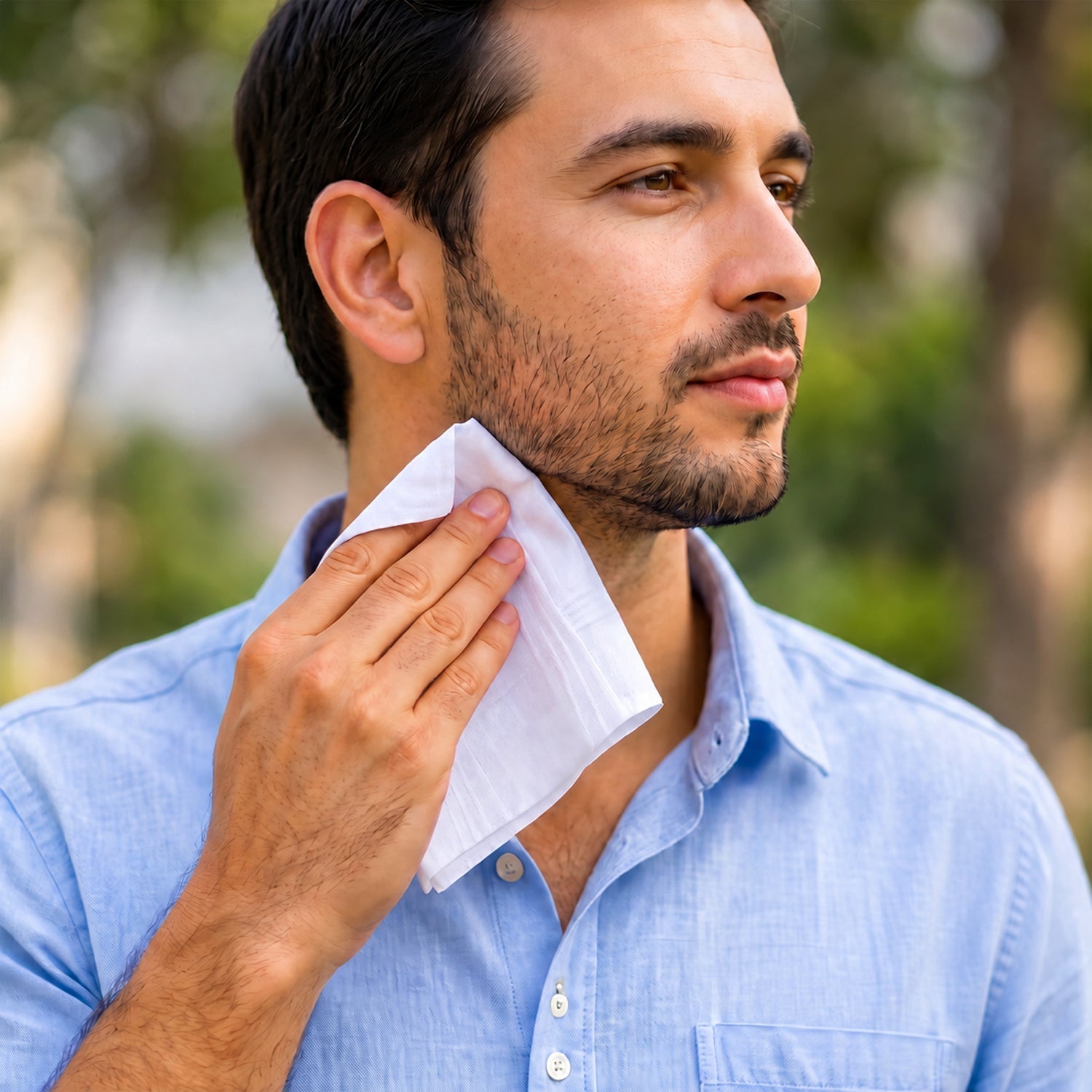 A man in a blue shirt dabs his cheek with a folded white cotton handkerchief outdoors.