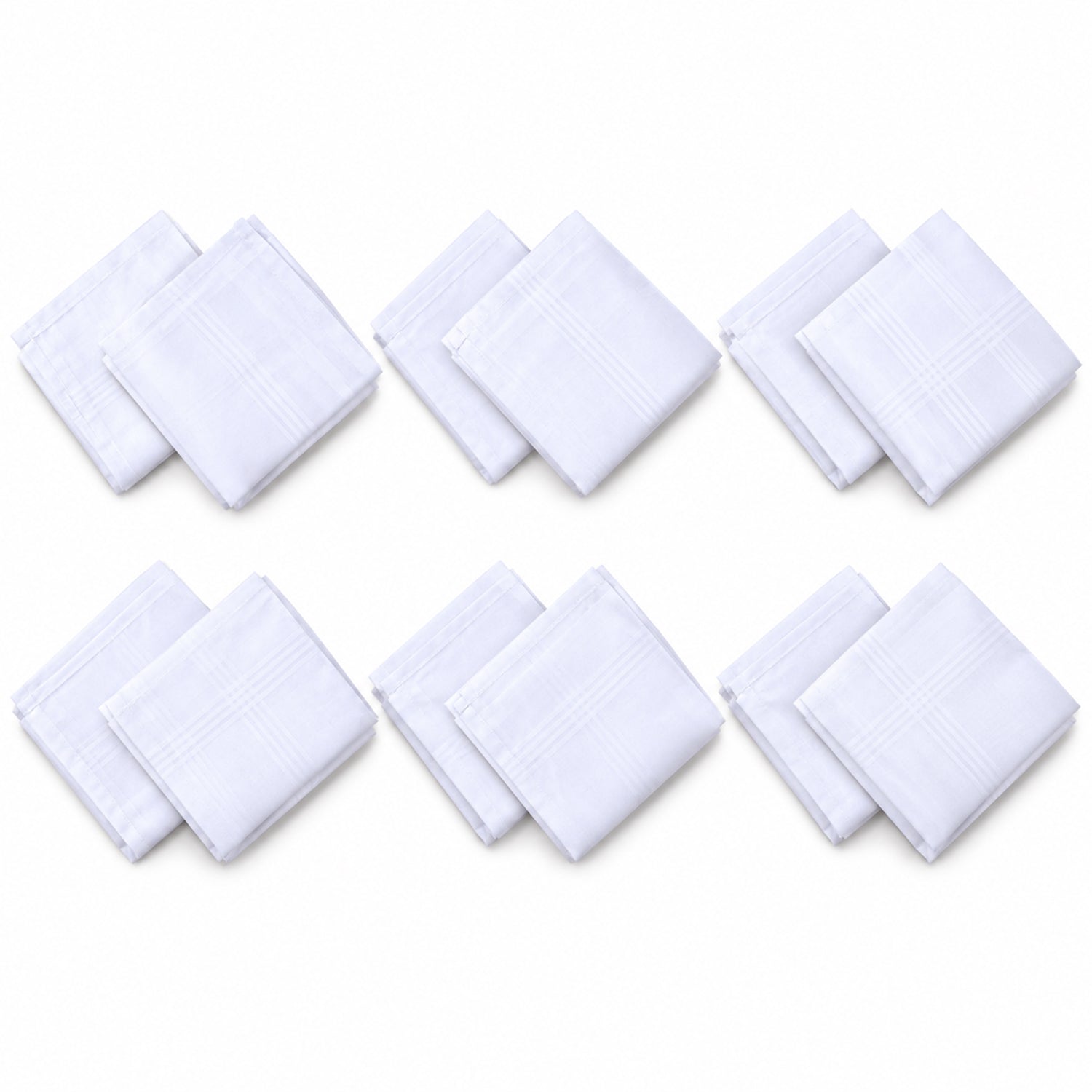 Six pairs of neatly folded white cotton handkerchiefs, each with a subtle striped pattern, are displayed on a white surface.