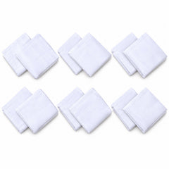 Six pairs of neatly folded white cotton handkerchiefs, each with a subtle striped pattern, are displayed on a white surface.