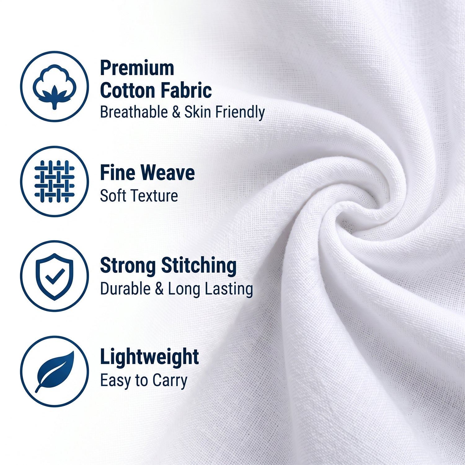 Close-up of white cotton fabric with text highlighting premium cotton, fine weave, strong stitching, and lightweight