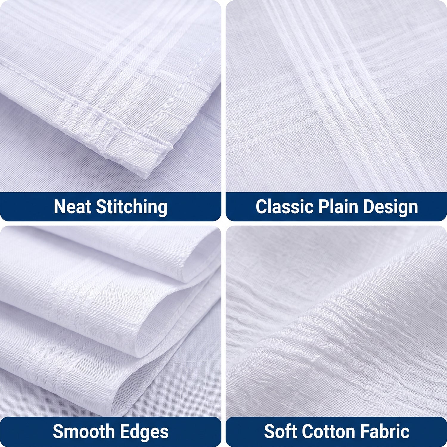 Four close-up views of a white cotton handkerchief, showing neat stitching, classic design, smooth edges, and soft fabric
