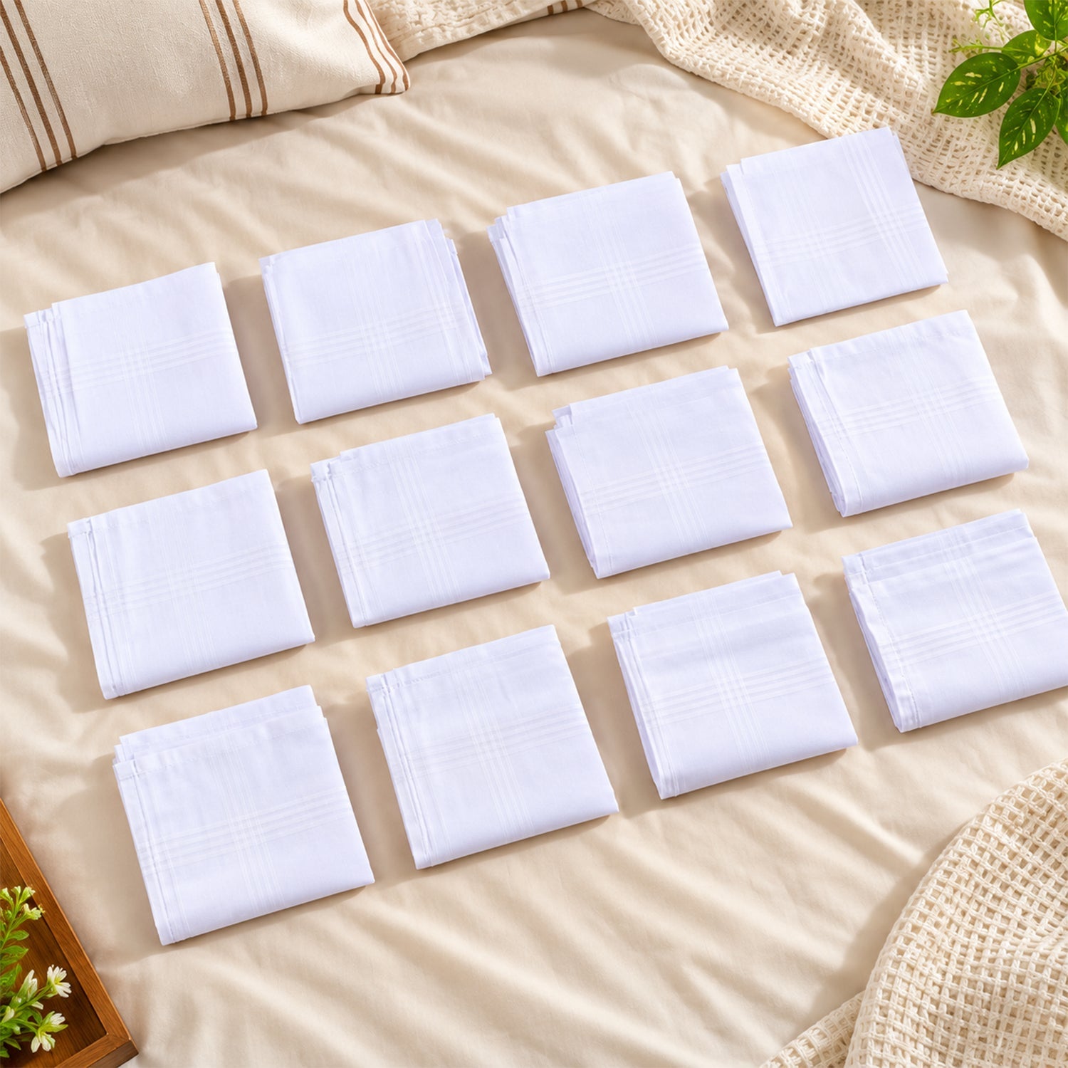 Twelve neatly folded white cotton handkerchiefs with subtle striped patterns are arranged on a light-colored bedspread.