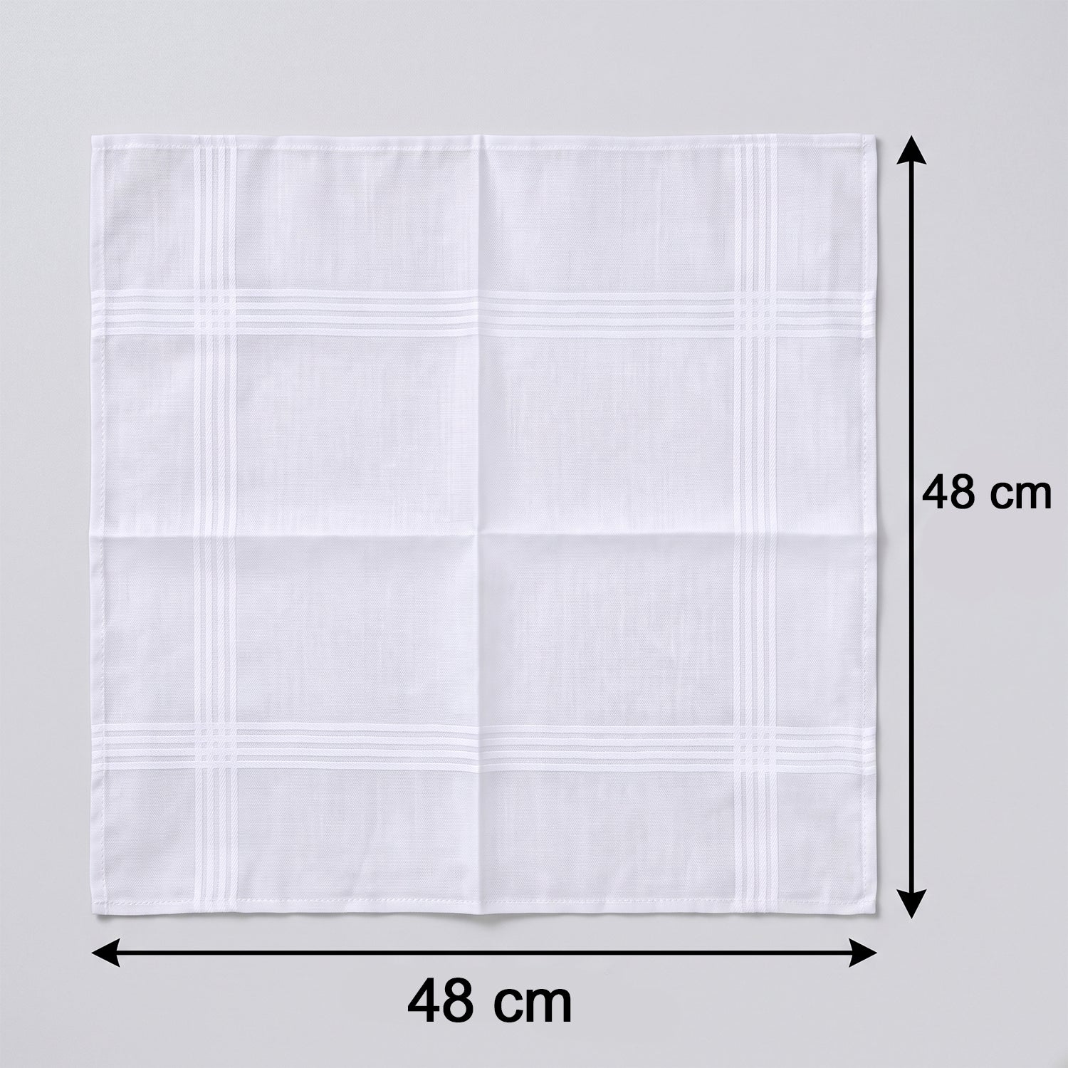 A single unfolded white cotton handkerchief with a striped pattern is displayed, showing its 48 cm by 48 cm dimensions.