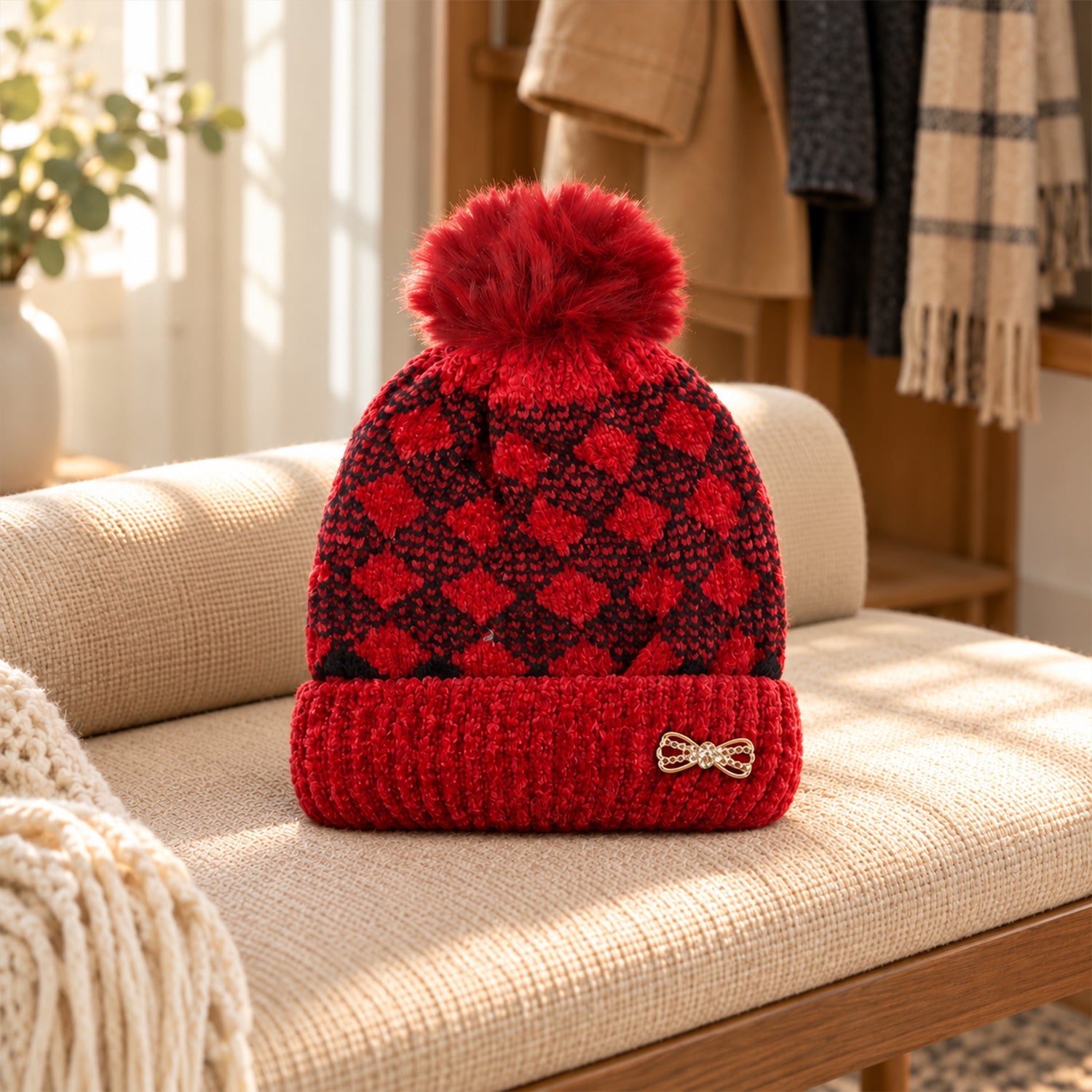 A red and black patterned beanie with a pom pom and bow rests on a light brown upholstered bench indoors.