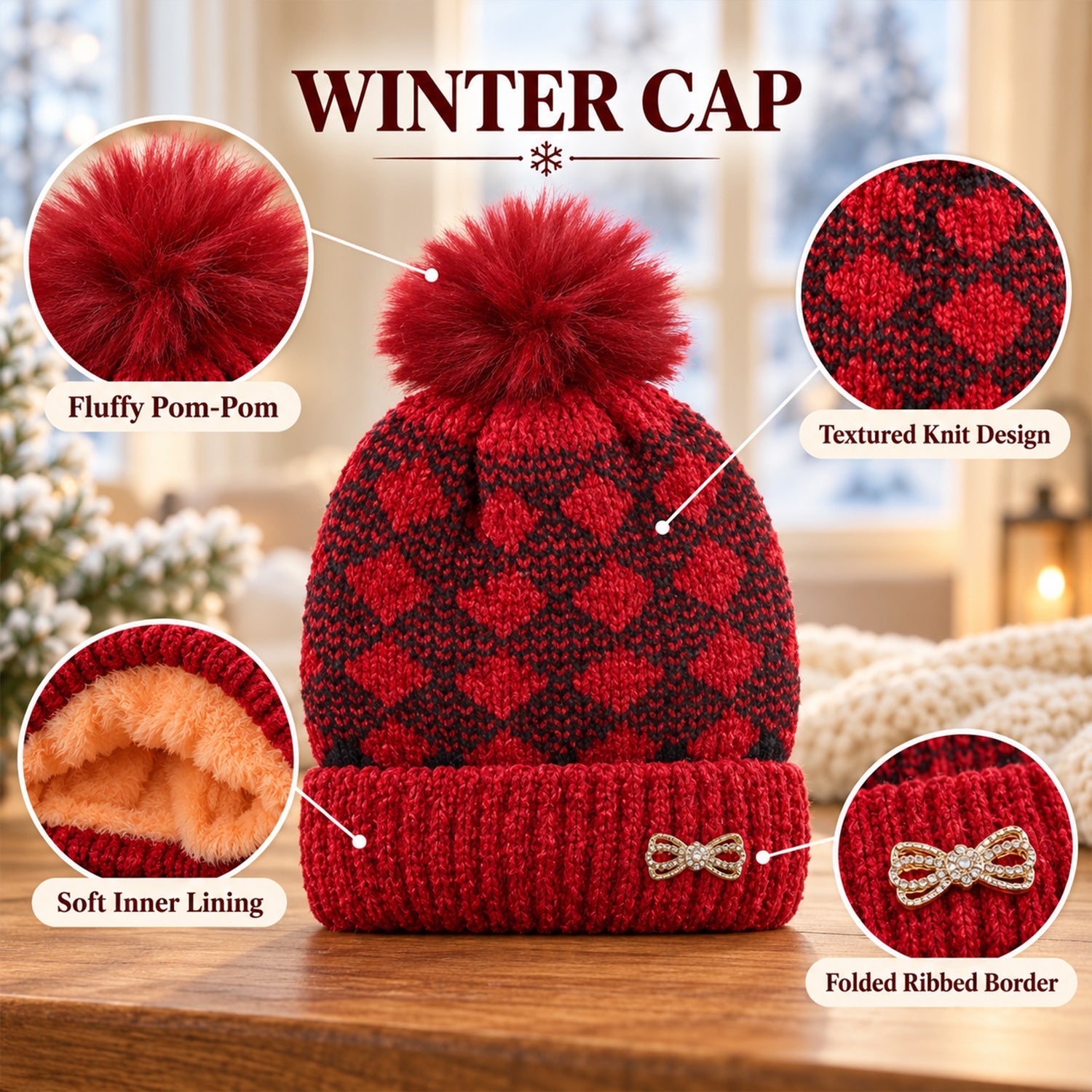 A red and black patterned beanie is highlighted with close-ups of its fluffy pom-pom, knit design, and soft lining.