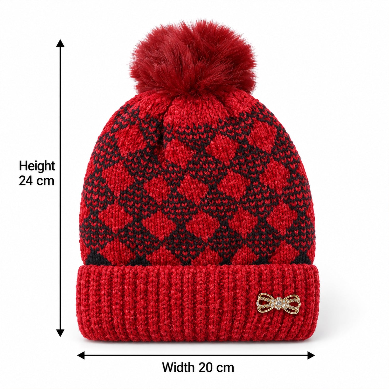 A red and black patterned beanie with a pom pom is shown with its height of 24 cm and width of 20 cm indicated.