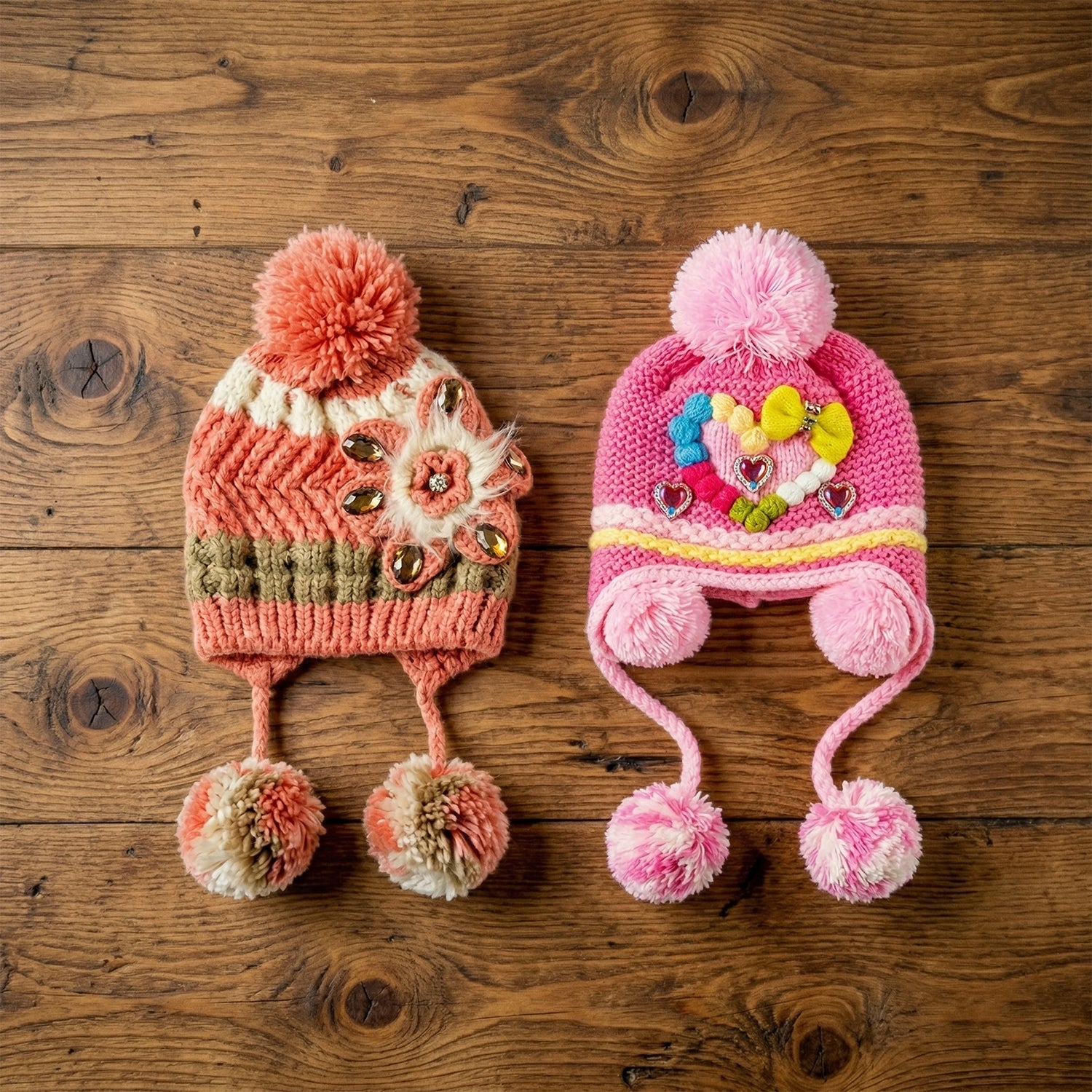 Cute Kids Winter Woolen Ear Flap Cap with Pom Pom (1 Pc, Mix Design)