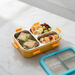 Airtight 3 Compartment Stainless Steel Lunch Box with Spoon & Fork – 600ml