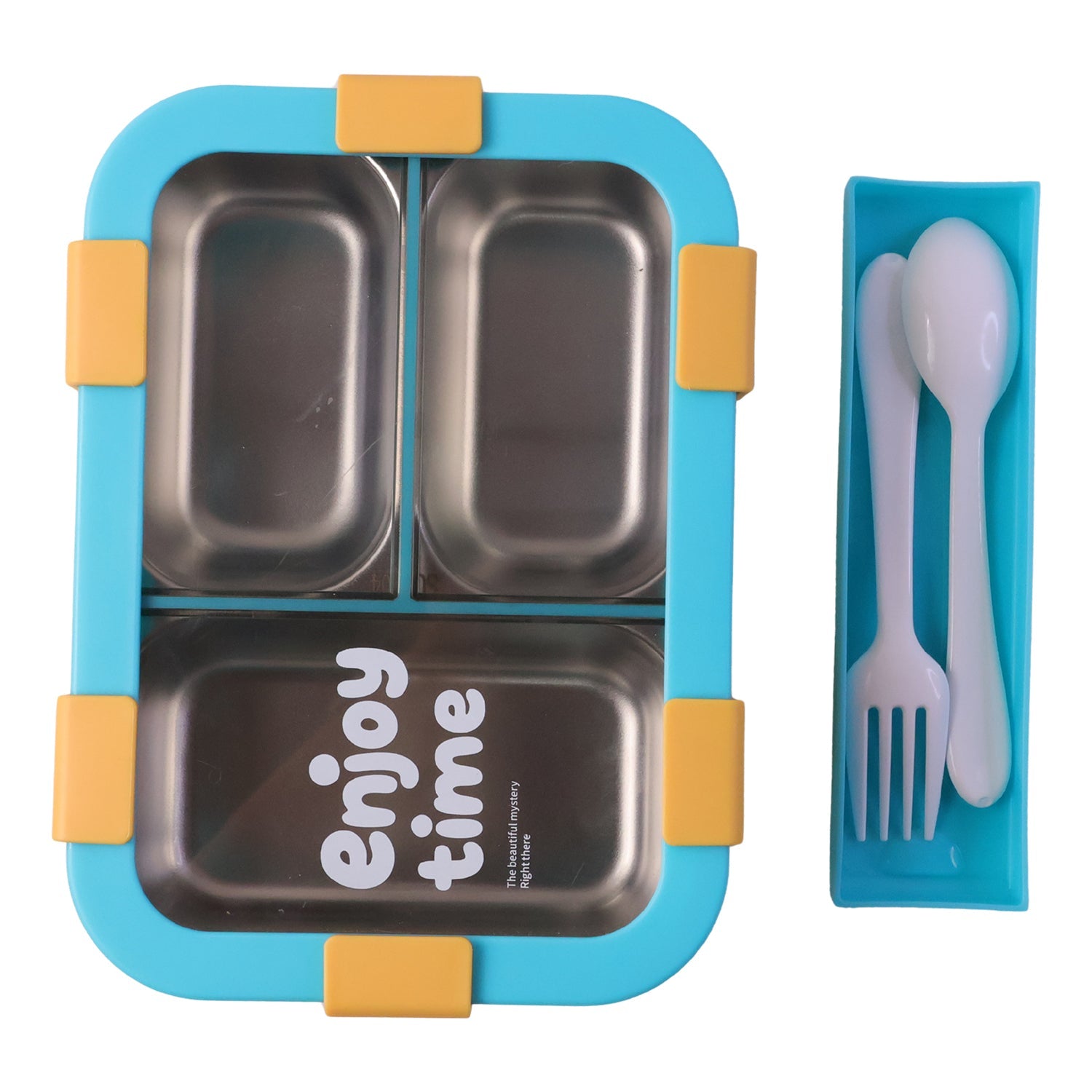 Airtight 3 Compartment Stainless Steel Lunch Box with Spoon & Fork – 600ml