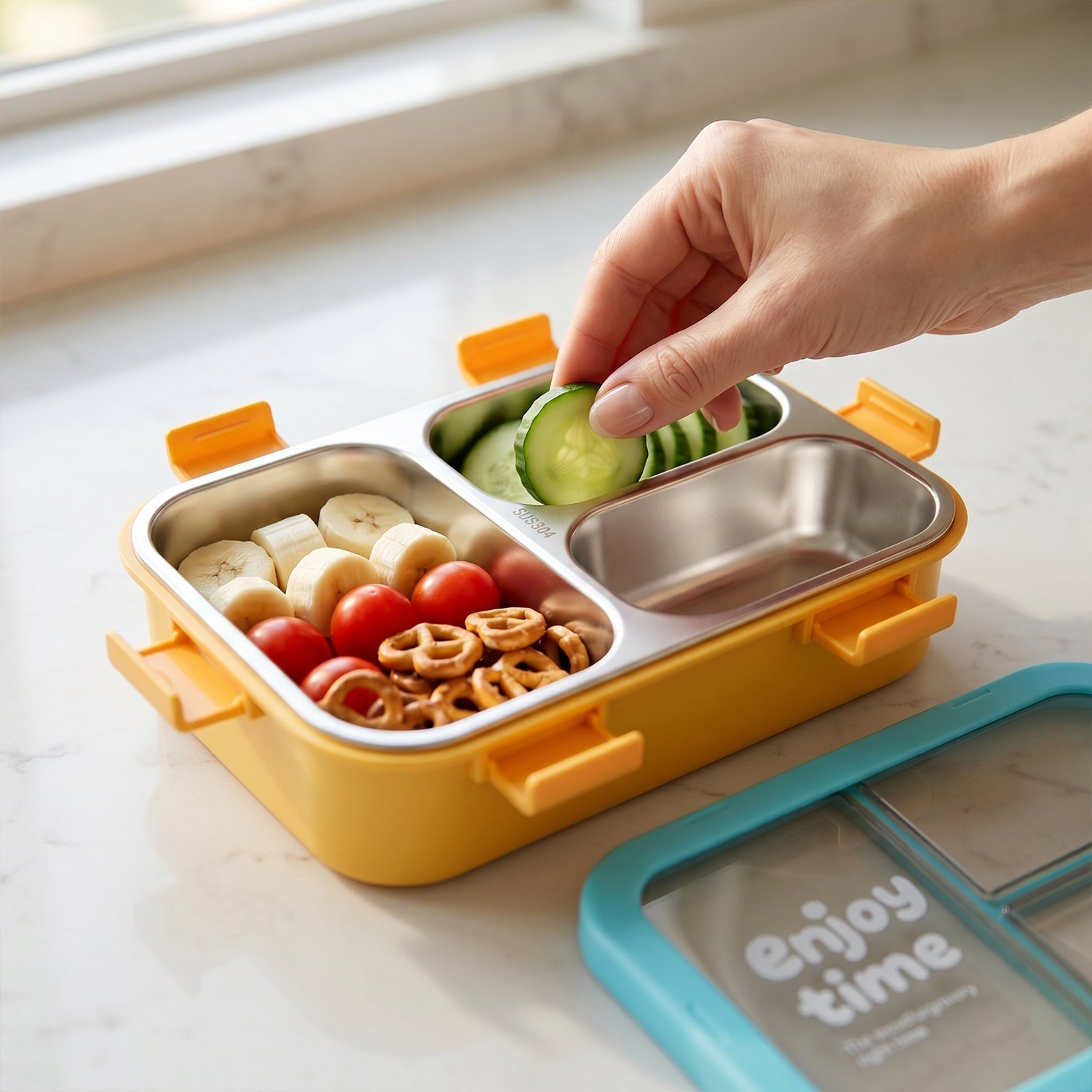 Airtight 3 Compartment Stainless Steel Lunch Box with Spoon & Fork – 600ml
