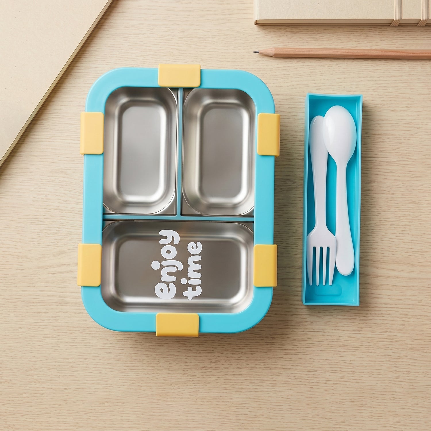 Airtight 3 Compartment Stainless Steel Lunch Box with Spoon & Fork – 600ml