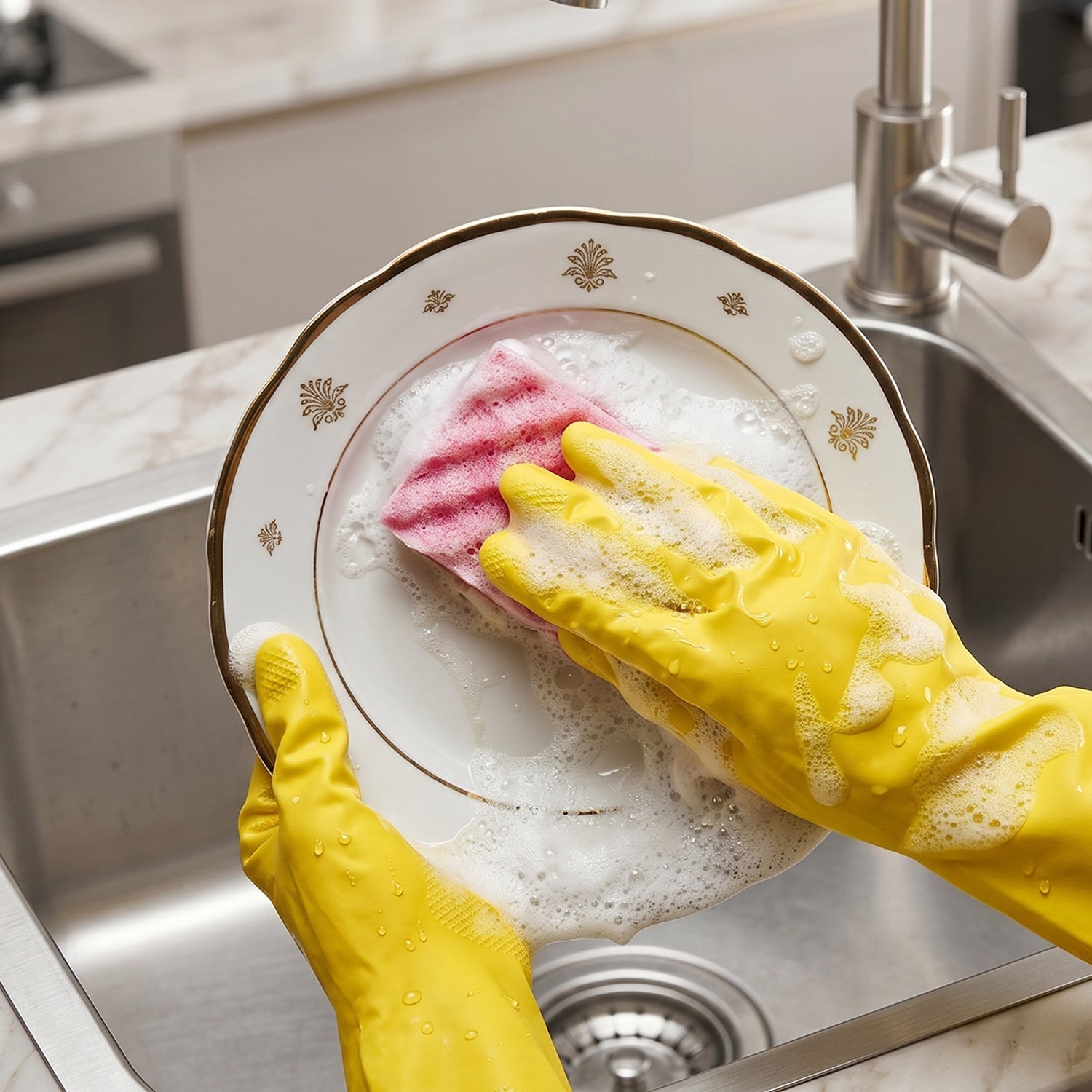Yellow gloves used for kitchen cleaning