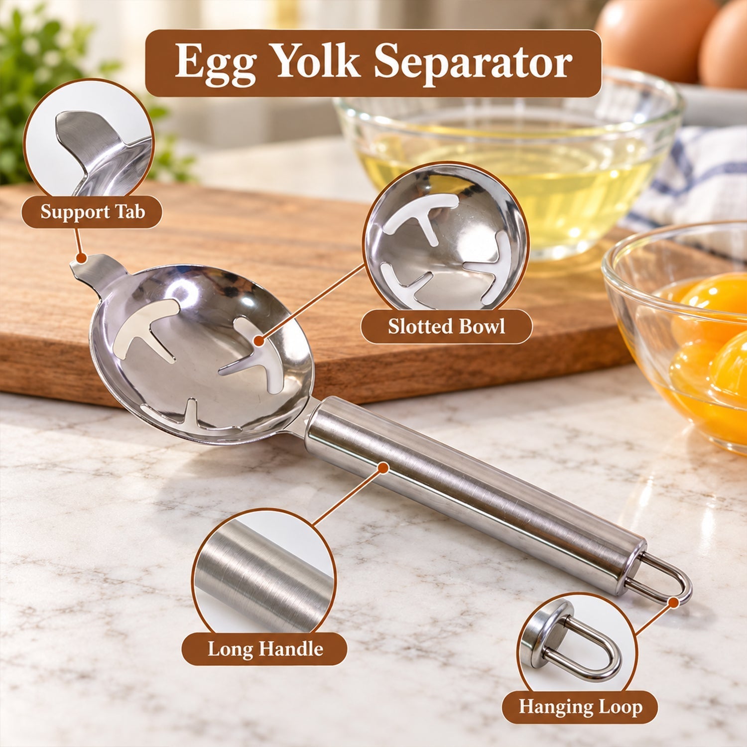 An annotated image highlighting the support tab, slotted bowl, long handle, and hanging loop of the separator.