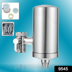 Close-up of the 304 stainless steel water filter with clear water flow
