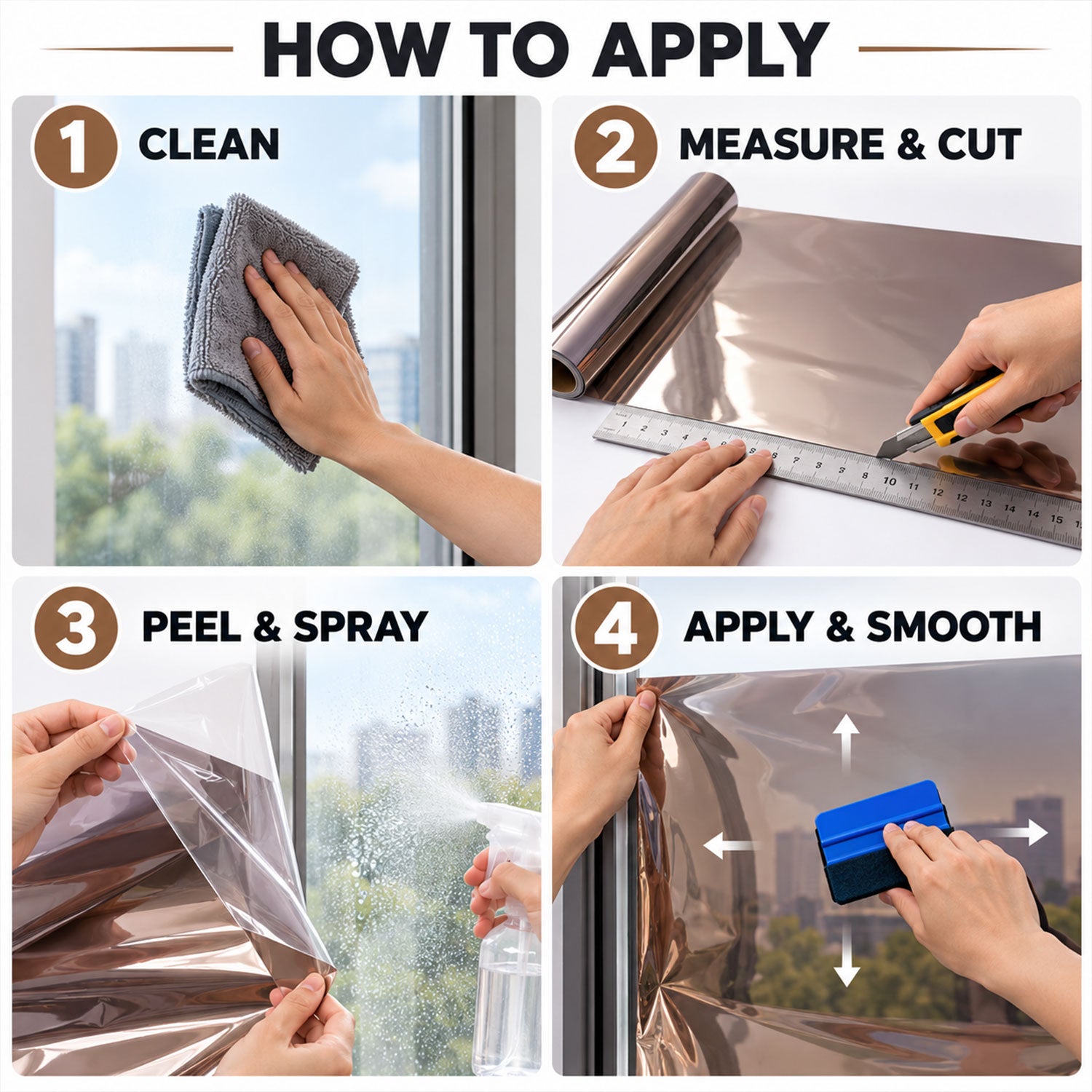 Four-panel guide demonstrating how to apply window film: clean, measure, peel and spray, then apply and smooth.
